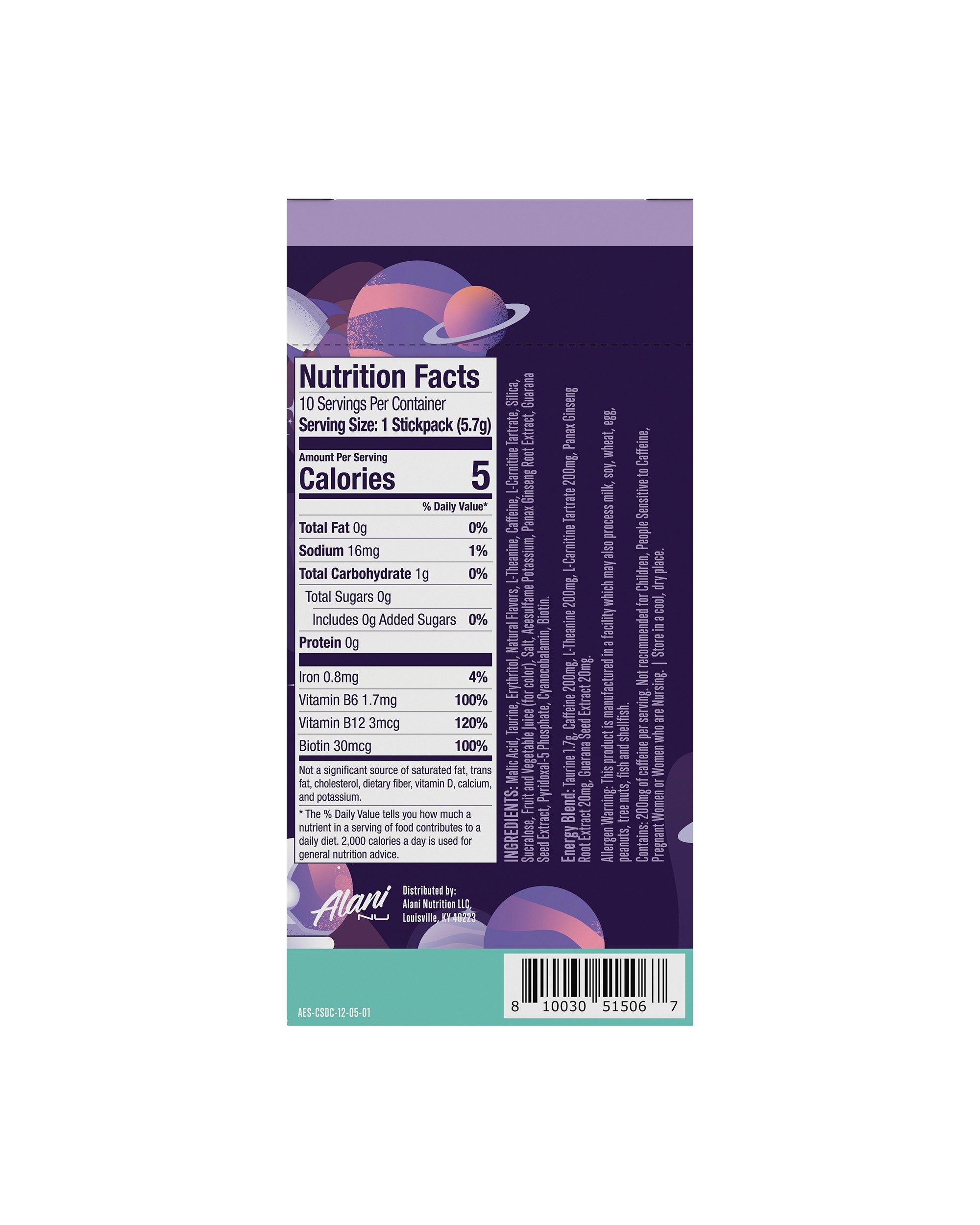 A back view of Energy Sticks in Cosmic Stardust flavor highlighting nutrtion facts.