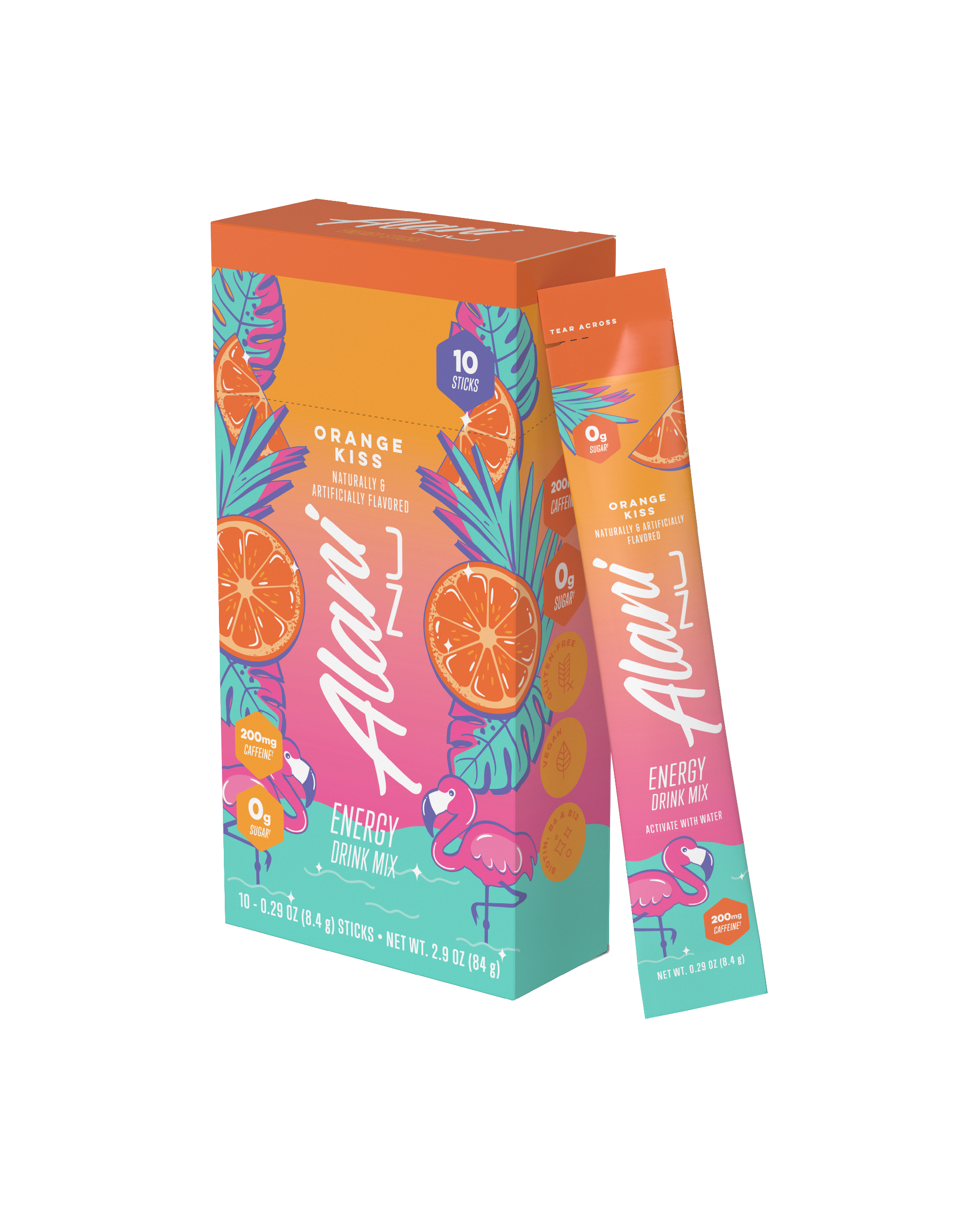 The front view of a sugar-free Alani Nu Orange Kiss Energy Drink Mix 10-Pack, naturally and artificially flavored and made with 200mg of caffeine.
