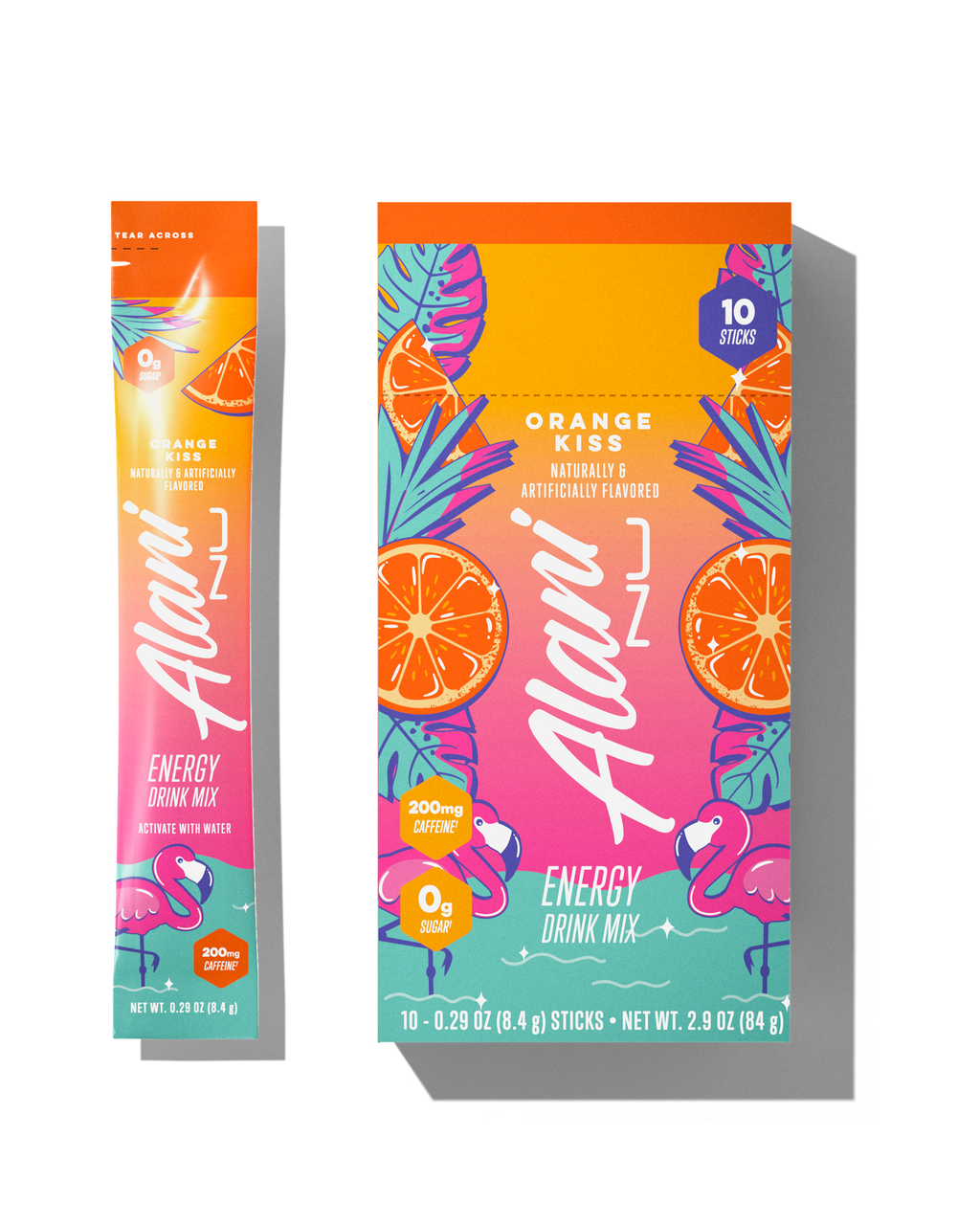 The front views of a 0.29oz stick and a 10-pack of Alani’s sugar-free Orange Kiss Energy Drink Mix, naturally and artificially flavored and made with 200mg of caffeine.