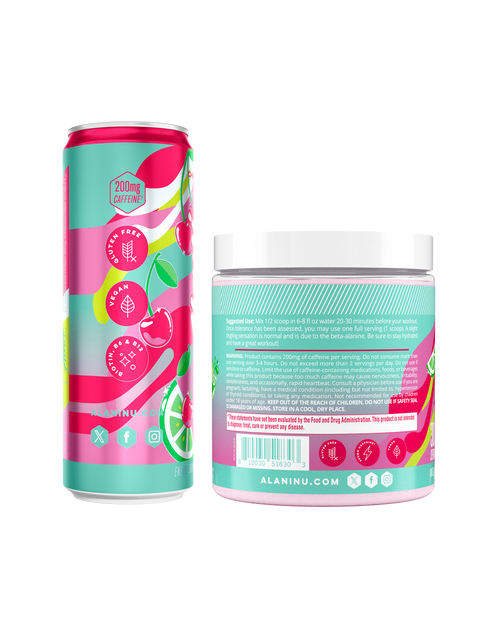 The side view of an Alani Nu Cherry Twist Energy Drink can and Pre- Workout tub
