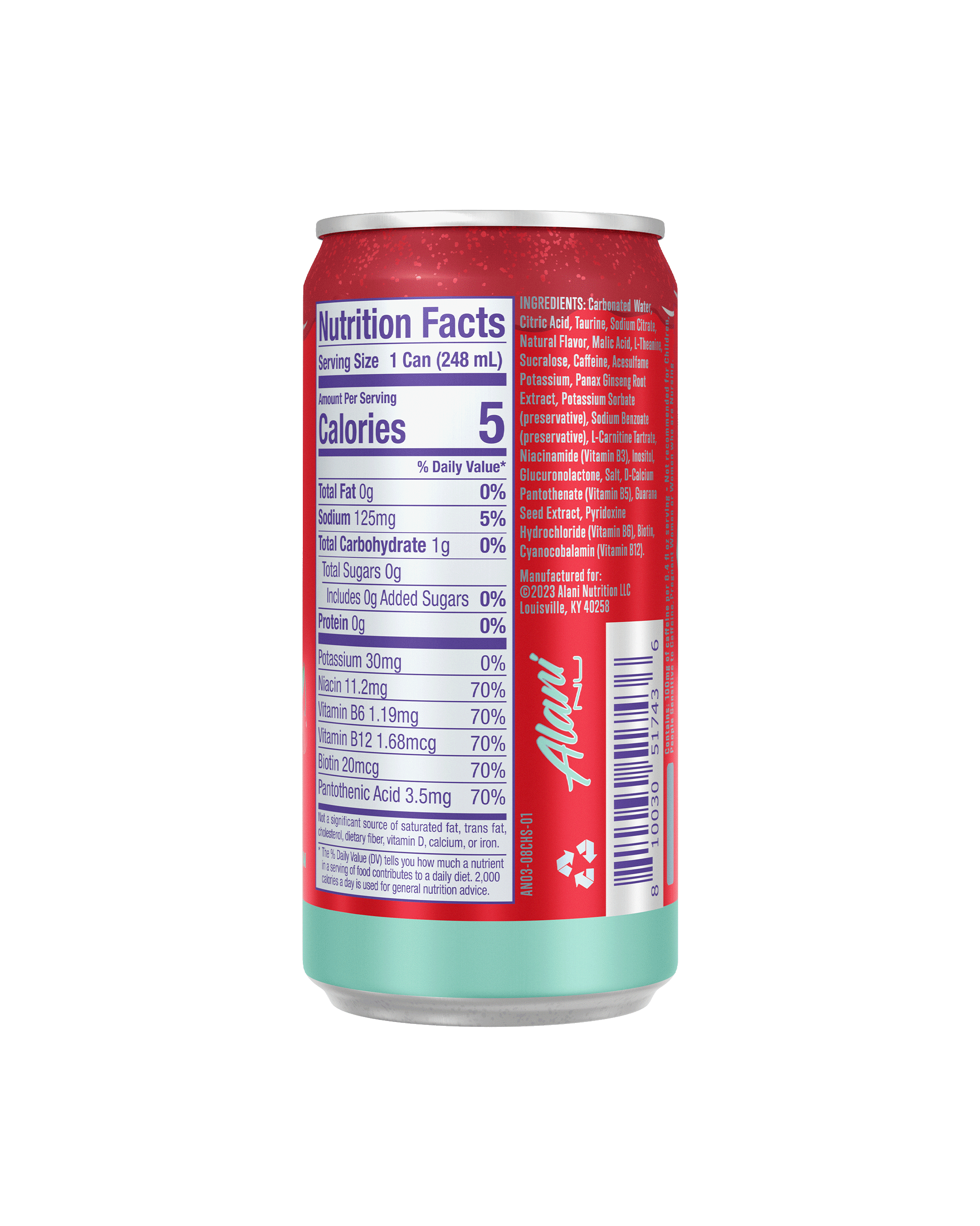 A back view of Mini Energy in Cherry Slush flavor highlighting nutrition facts details.