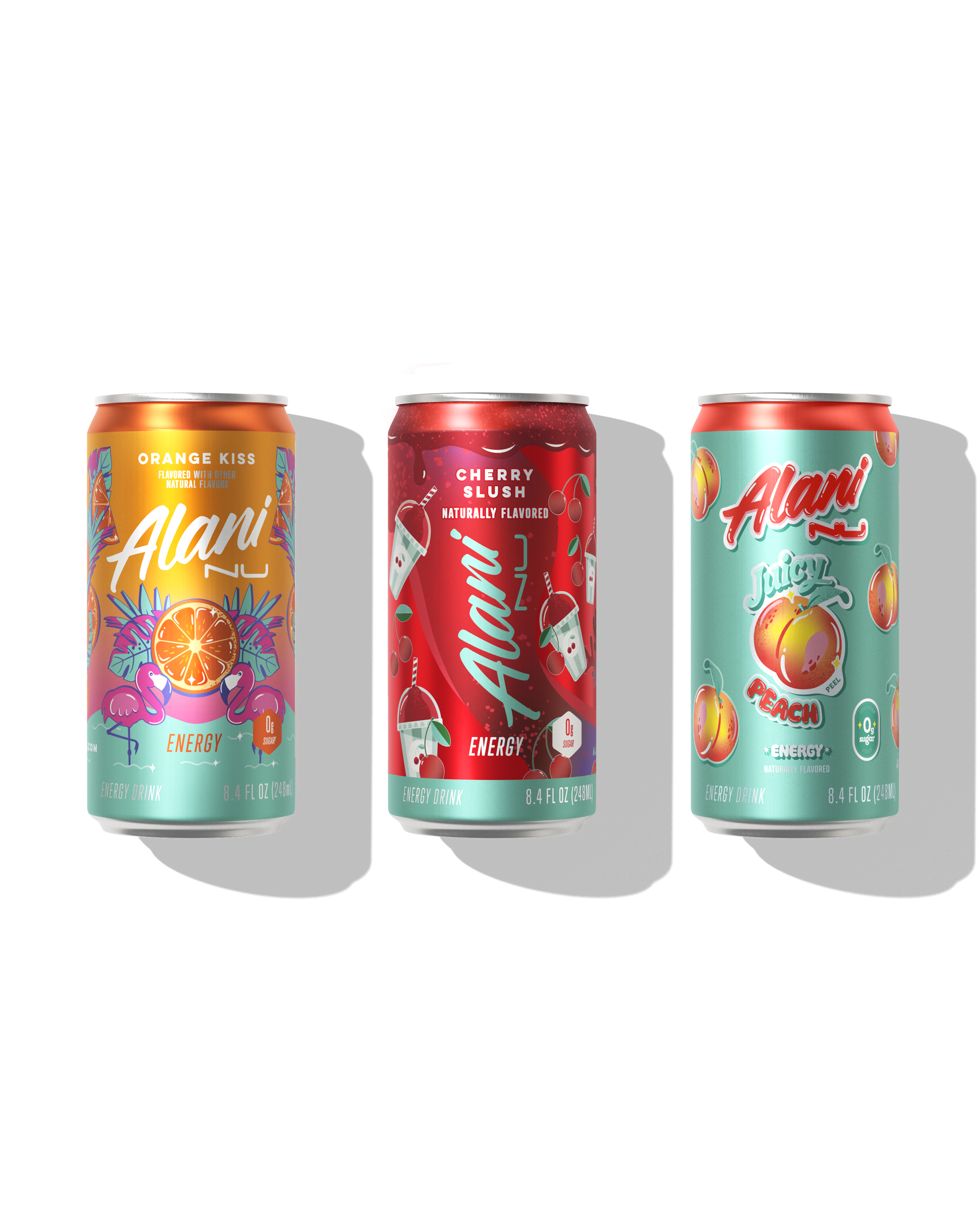 A front view of Mini Cans in flavors Orange Kiss, Cherry Slush and Juicy Peach.