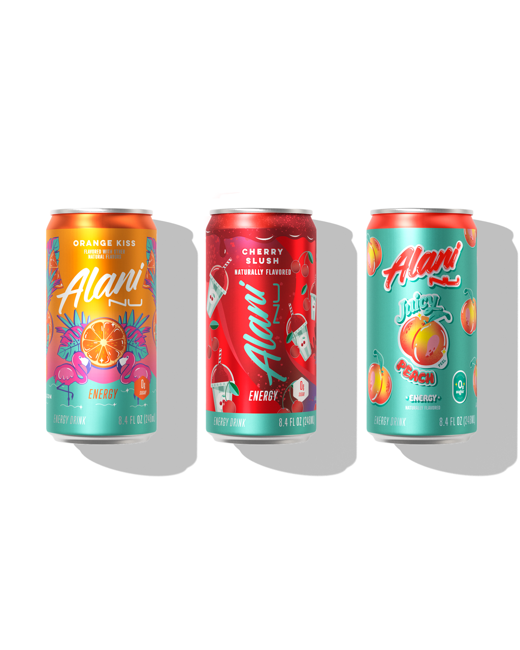 A front view of Mini Cans in flavors Orange Kiss, Cherry Slush and Juicy Peach.