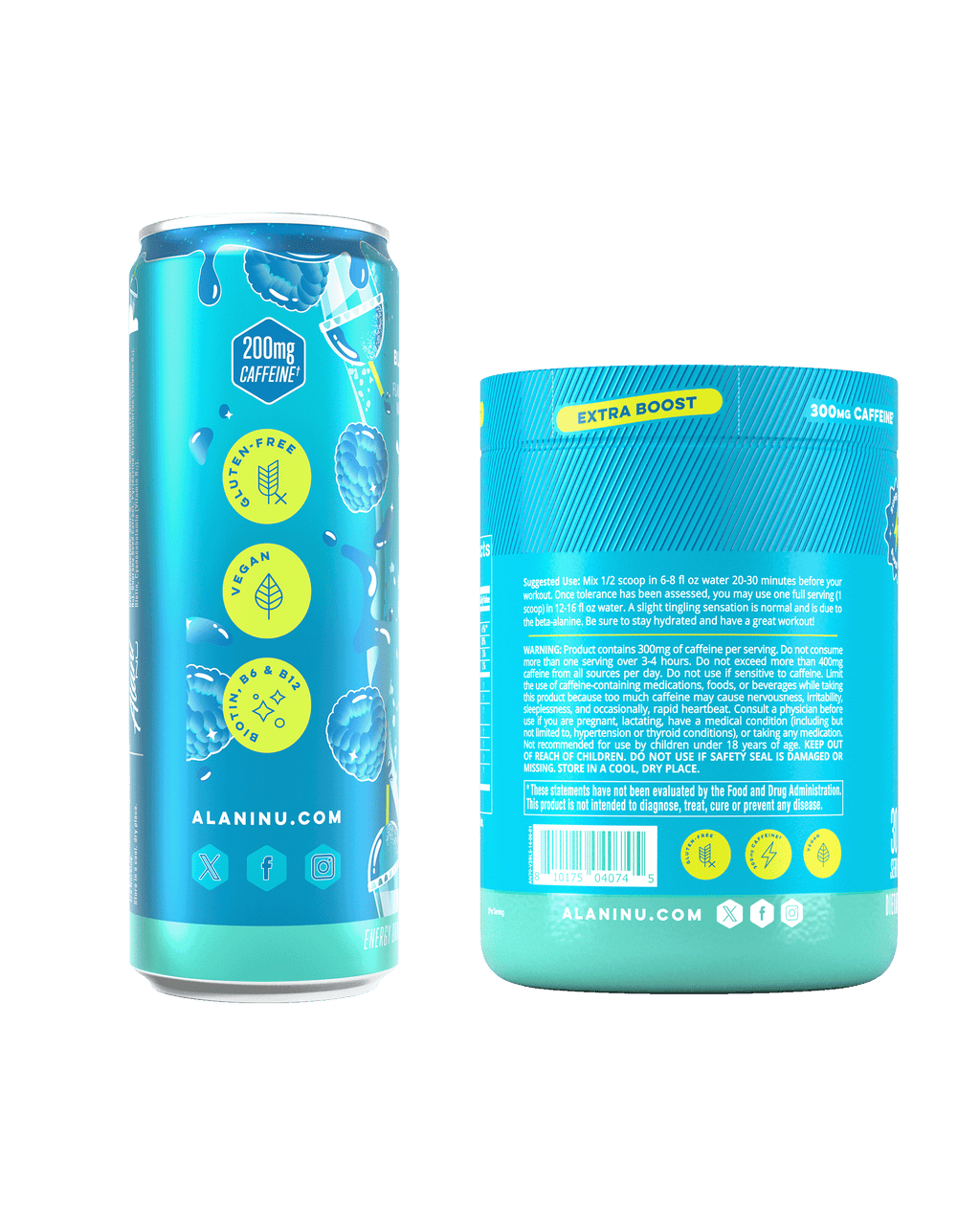 The side views of two Blue Slush products—an Energy Drink 12-Pack and a 30-Serve tub of Pre-Workout+.
