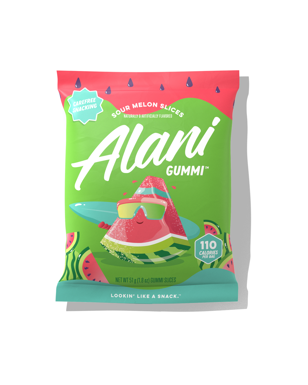 The front view of an Alani Gummi Sour Melon Slices pouch, made for carefree snacking.