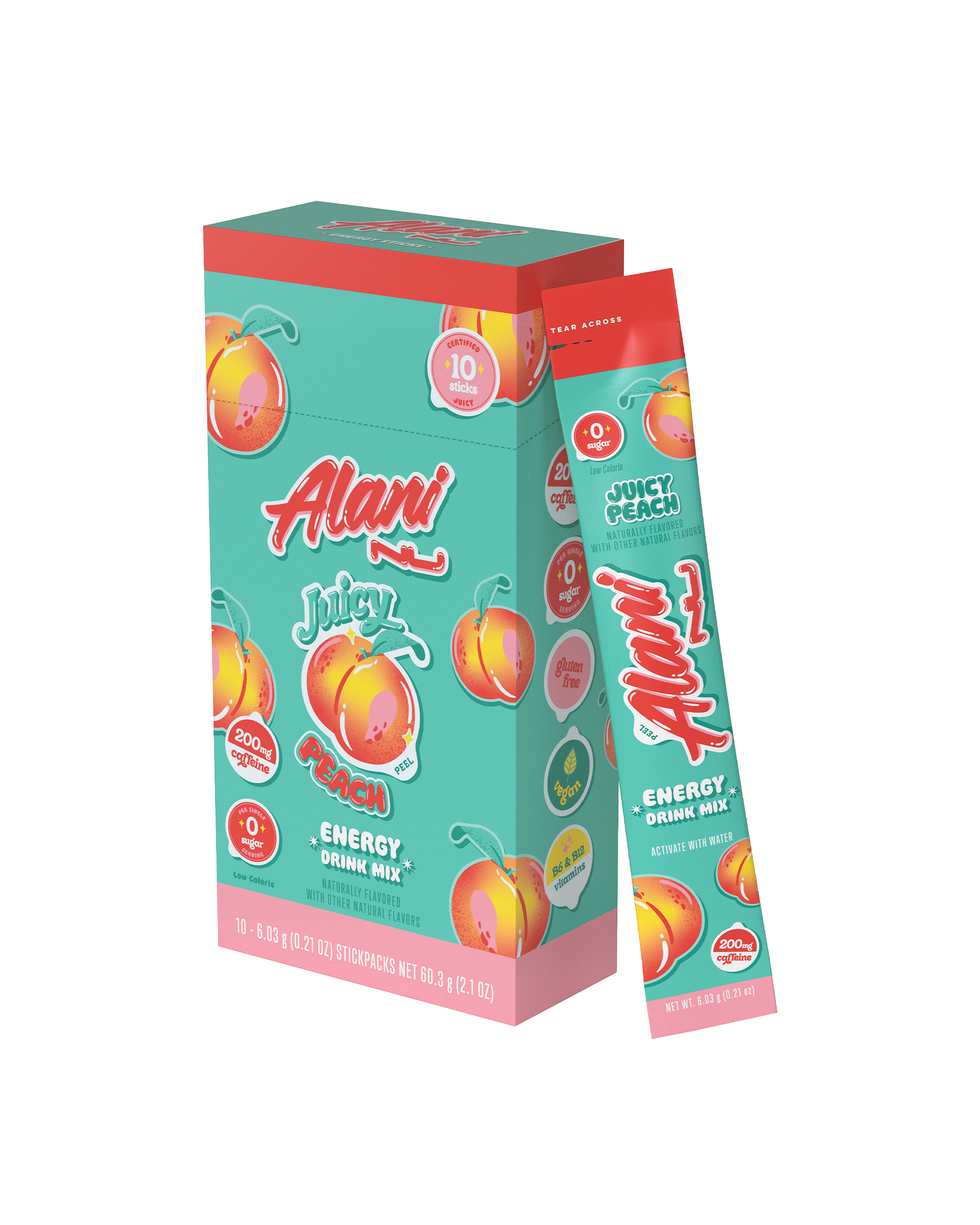 A side view of Energy Sticks in Juicy Peach showcasing a stick pack.
