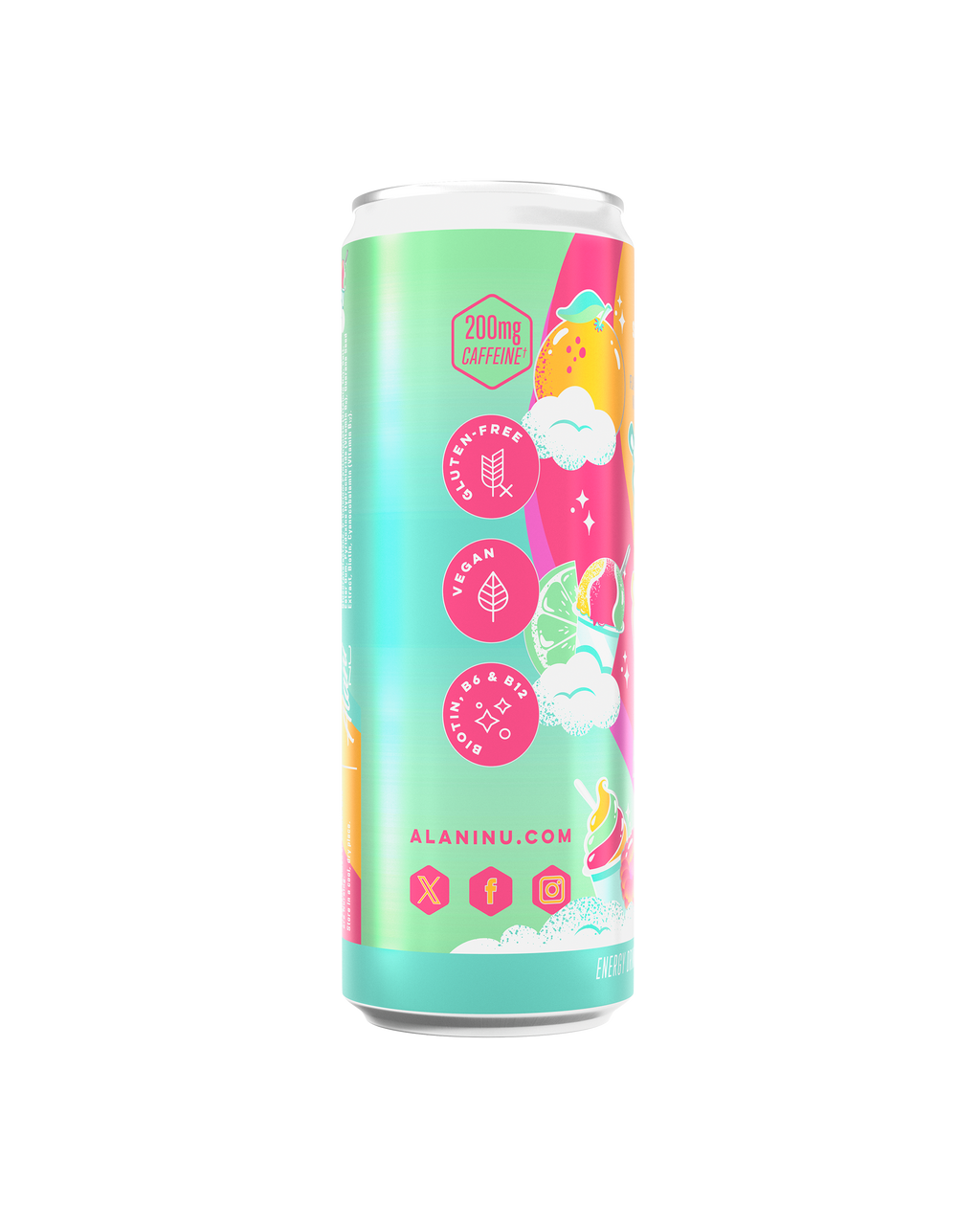 The side view of a Sherbet Swirl Energy Drink, gluten-free, vegan, and made with B vitamins and 200mg of caffeine.